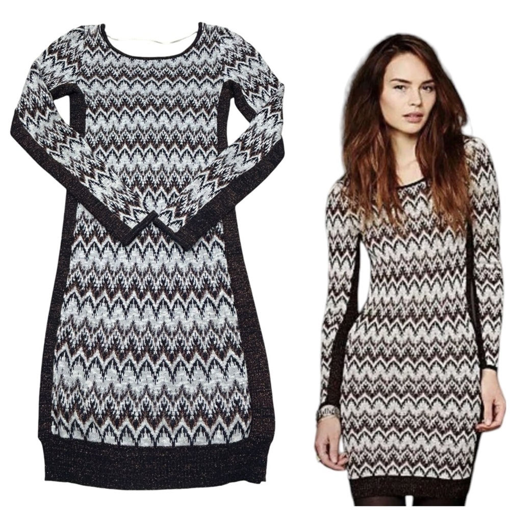 Free People Sweater Dress Sz. Medium Knit Aztec Print Cottagecore Cabincore Boh